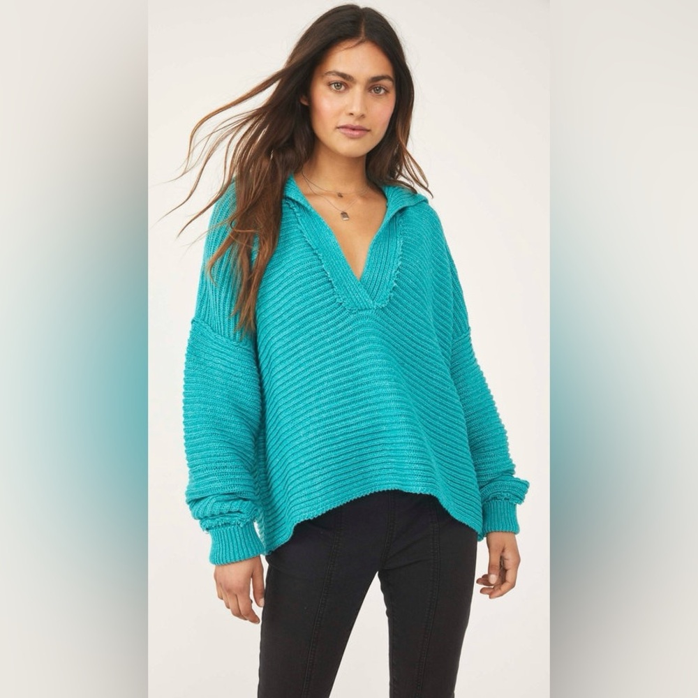 FREE PEOPLE Marlie Ribbed Knit Pullover Sweater Mar Chiquita Teal Size XS